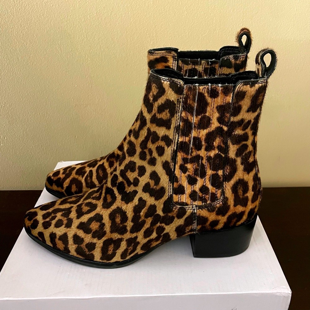Banana Republic Women Leopard Print Hair Calf Ankle Boots Pointed Toe Block Heel